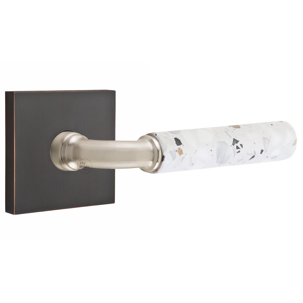 Emtek Concealed Privacy Square Rosette in Oil Rubbed Bronze and R-Bar in Satin Nickel Stem with Reversible Handed Light Terrazzo Lever