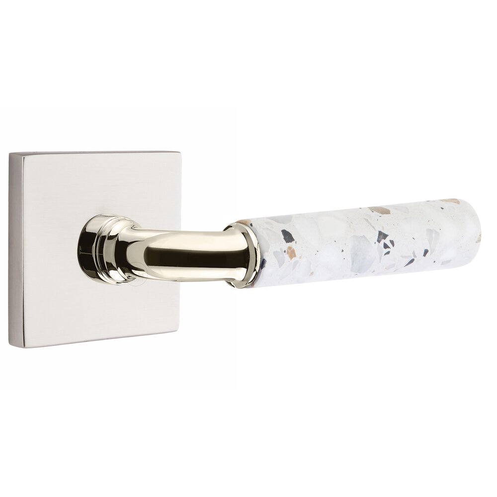 Emtek Passage Square Rosette in Satin Nickel and R-Bar in Polished Nickel Stem with Right Handed Light Terrazzo Lever