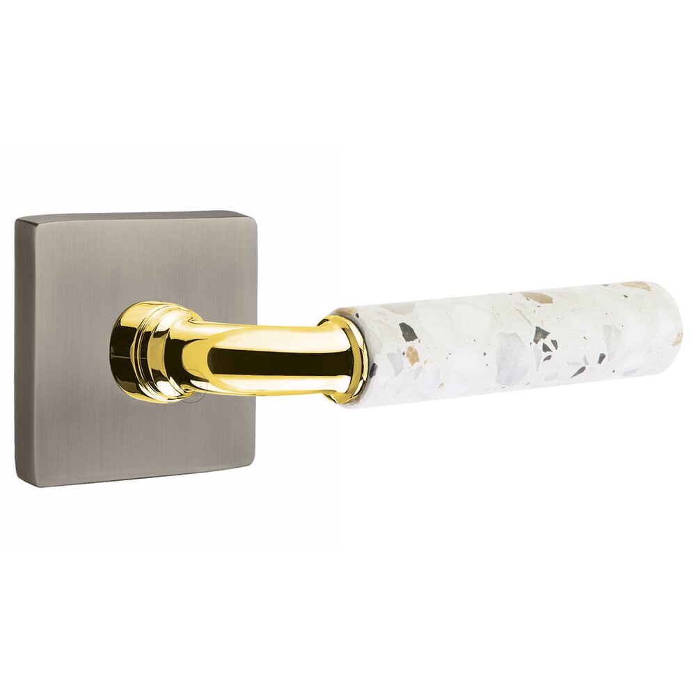 Emtek Privacy Square Rosette in Pewter and R-Bar in Unlacquered Brass Stem with Right Handed Light Terrazzo Lever