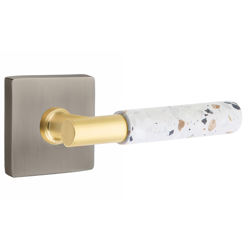 Emtek Concealed Privacy Square Rosette in Pewter and T-Bar in Satin Brass Stem with Reversible Handed Light Terrazzo Lever
