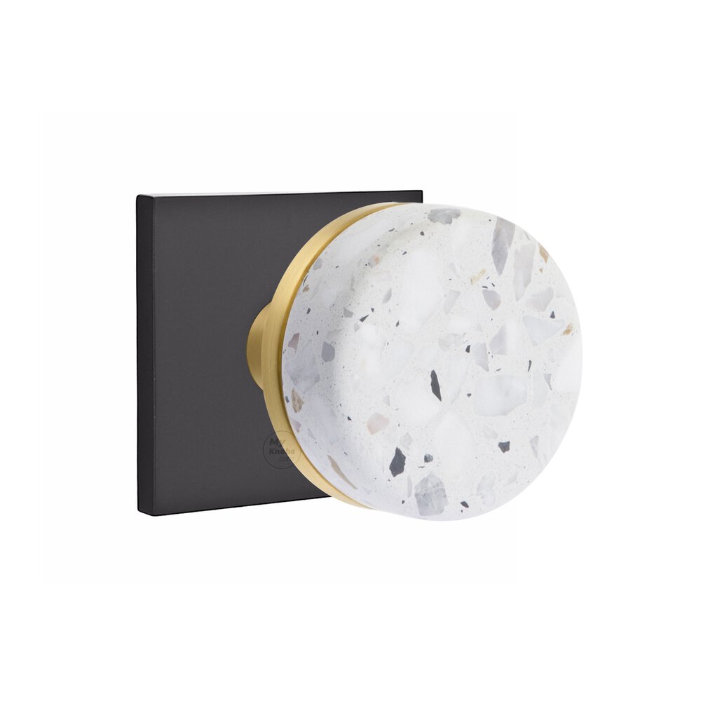 Emtek Concealed Privacy Square Rosette in Flat Black and Conical in Satin Brass Stem with Knob Handed Light Terrazzo Knob