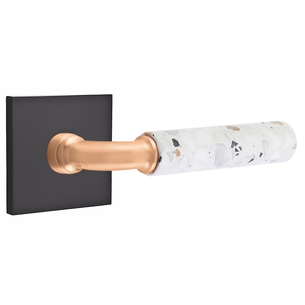 Emtek Concealed Privacy Square Rosette in Flat Black and R-Bar in Satin Rose Gold Stem with Reversible Handed Light Terrazzo Lever