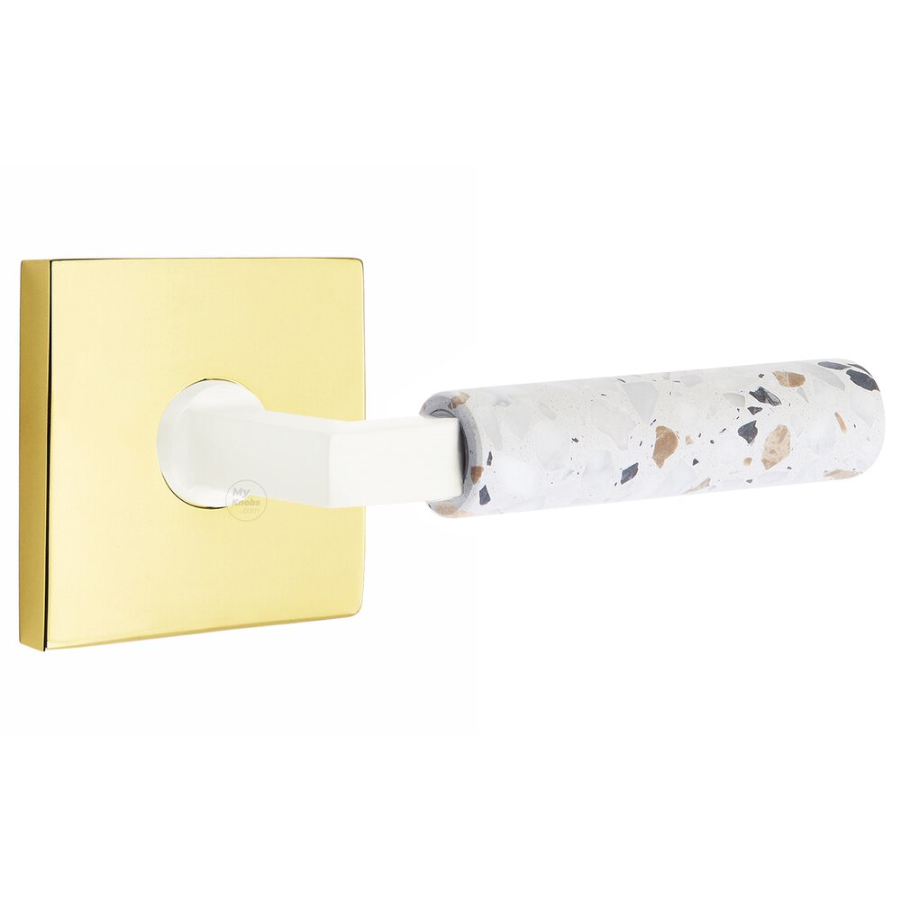 Emtek Concealed Privacy Square Rosette in Unlacquered Brass and L-Square in Matte White Stem with Reversible Handed Light Terrazzo Lever