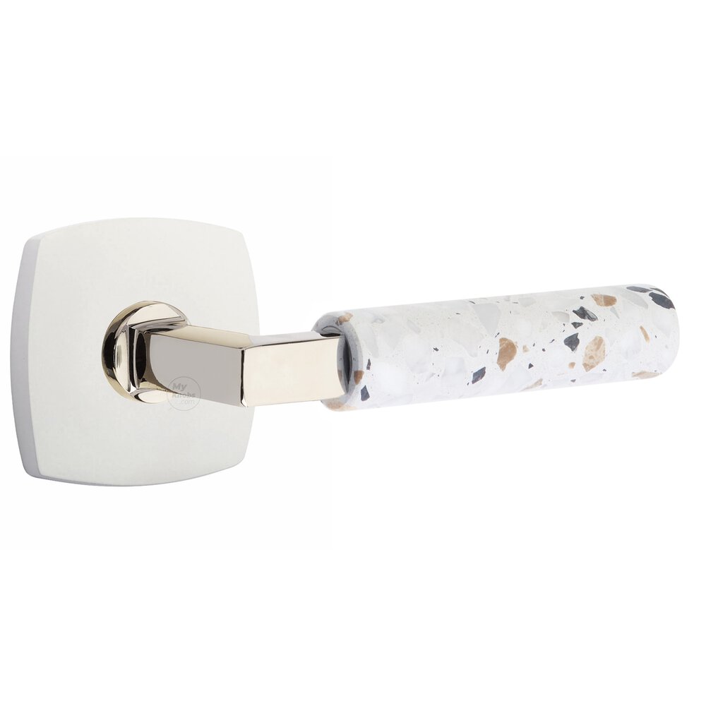 Emtek Concealed Privacy Urban Modern Rosette in Matte White and L-Square in Polished Nickel Stem with Reversible Handed Light Terrazzo Lever