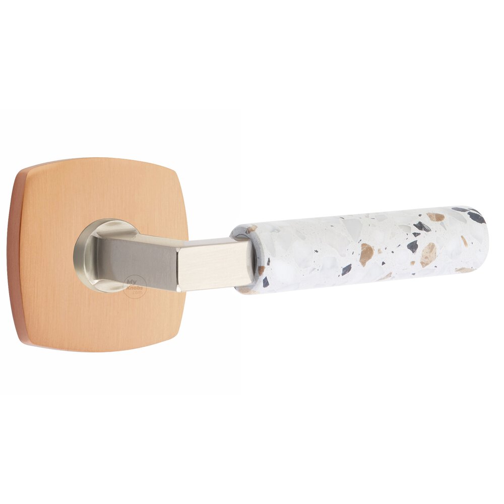 Emtek Privacy Urban Modern Rosette in Satin Rose Gold and L-Square in Satin Nickel Stem with Right Handed Light Terrazzo Lever