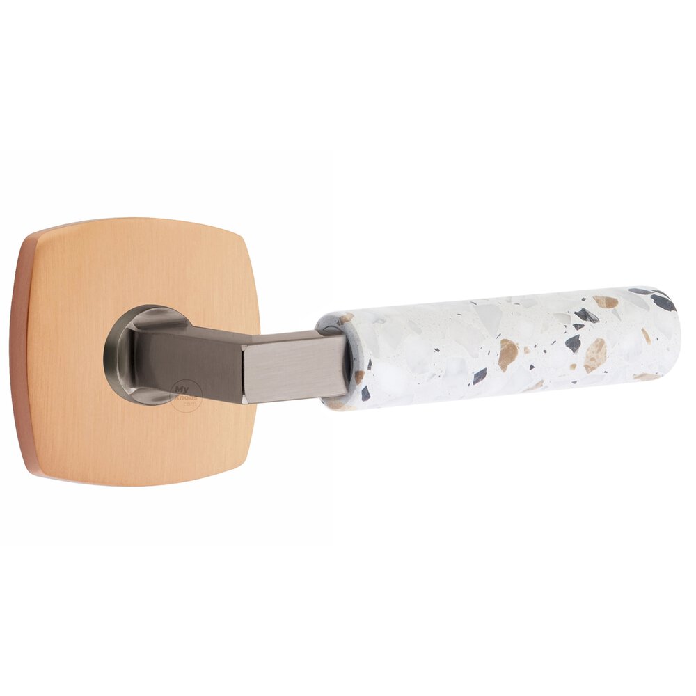 Emtek Concealed Privacy Urban Modern Rosette in Satin Rose Gold and L-Square in Pewter Stem with Reversible Handed Light Terrazzo Lever