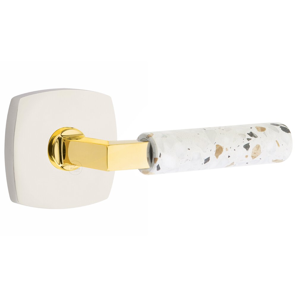 Emtek Concealed Privacy Urban Modern Rosette in Polished Nickel and L-Square in Unlacquered Brass Stem with Reversible Handed Light Terrazzo Lever