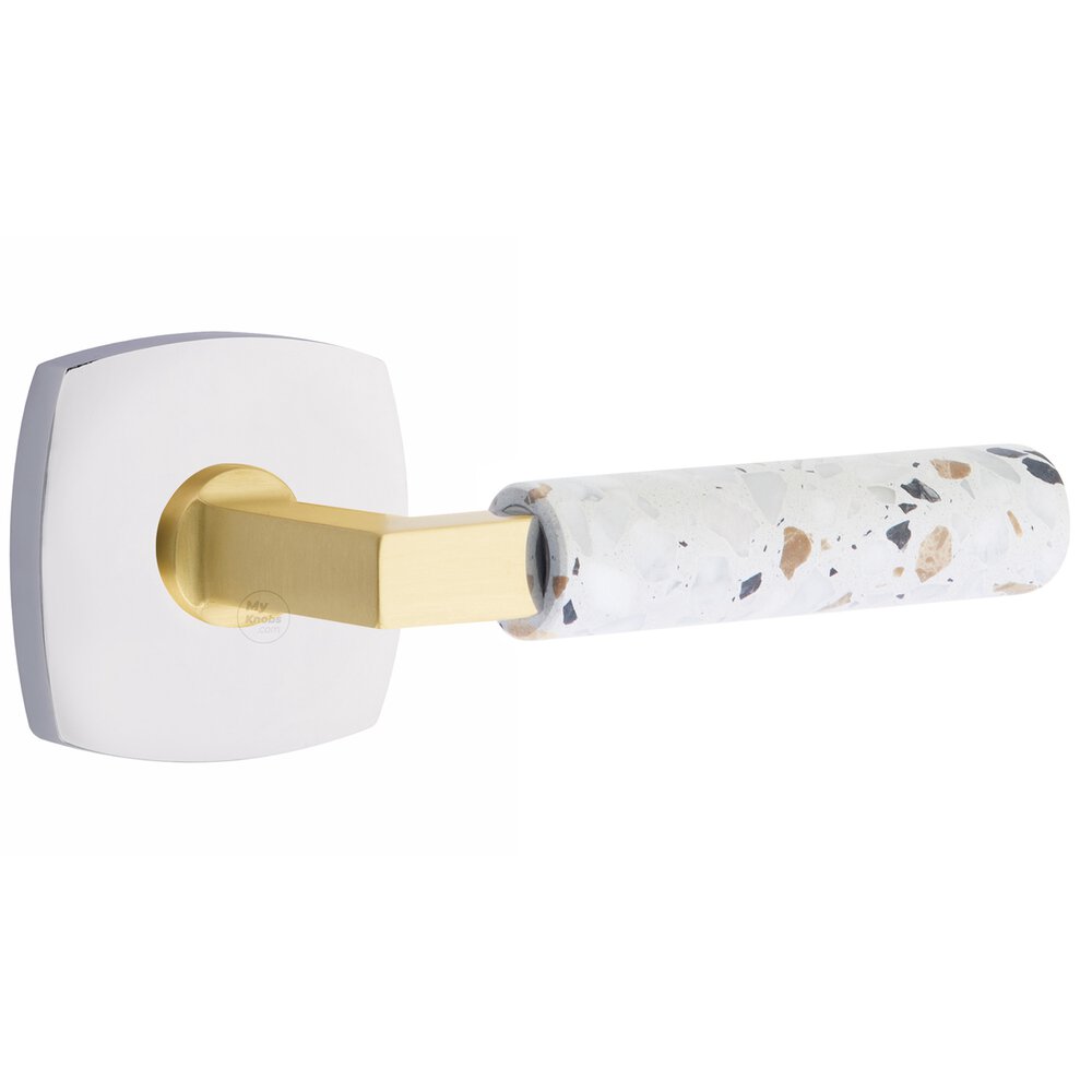 Emtek Concealed Privacy Urban Modern Rosette in Polished Chrome and L-Square in Satin Brass Stem with Reversible Handed Light Terrazzo Lever