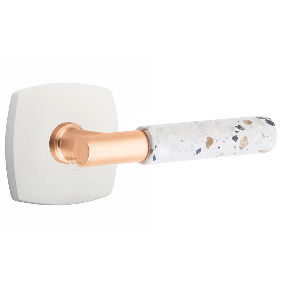 Emtek Concealed Privacy Urban Modern Rosette in Matte White and T-Bar in Satin Rose Gold Stem with Reversible Handed Light Terrazzo Lever