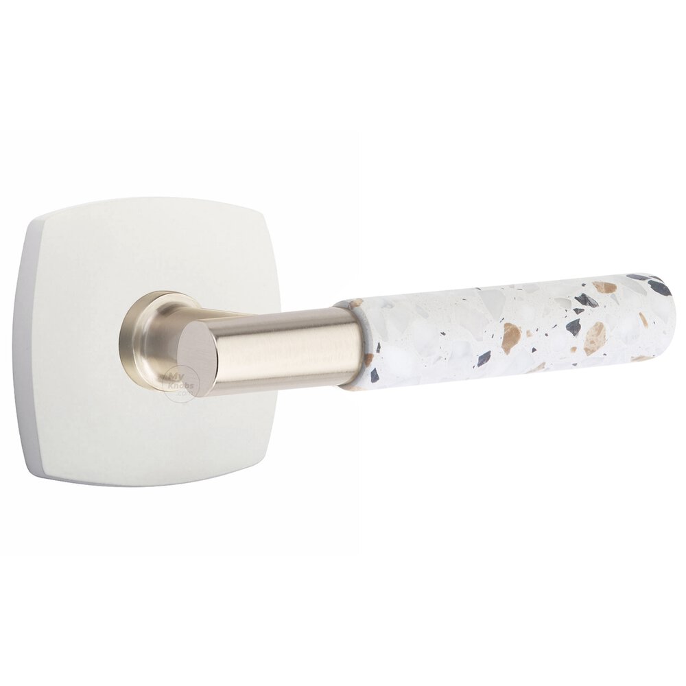 Emtek Concealed Privacy Urban Modern Rosette in Matte White and T-Bar in Satin Nickel Stem with Reversible Handed Light Terrazzo Lever
