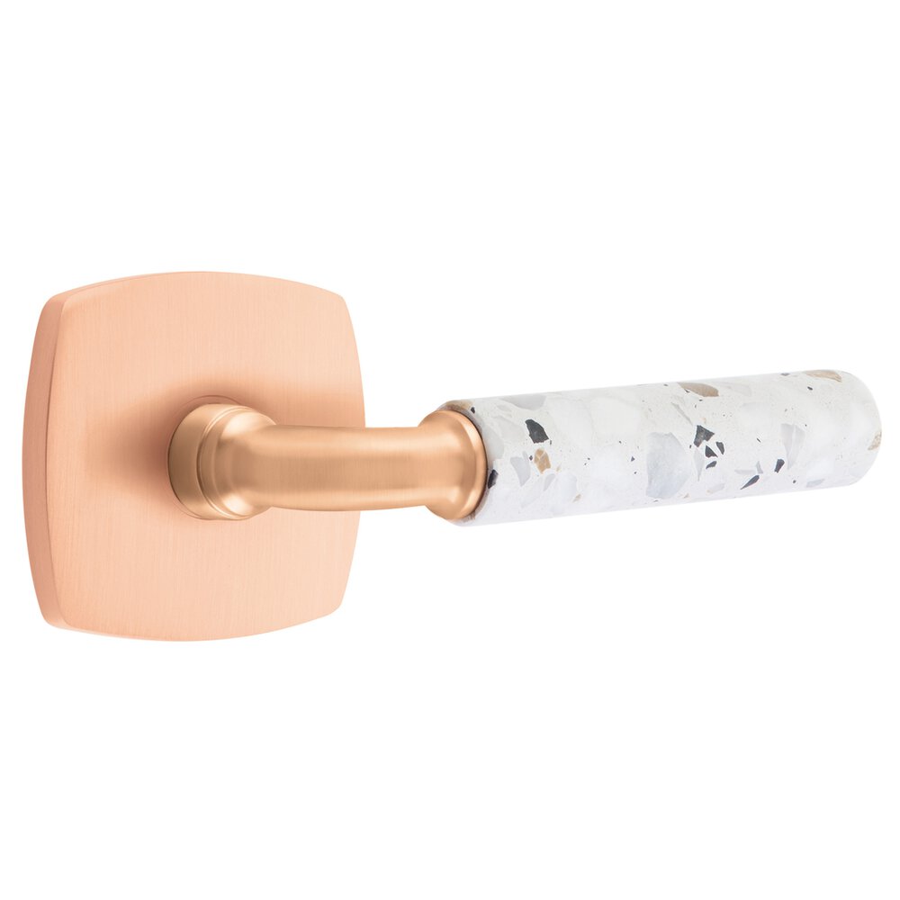 Emtek Privacy Urban Modern Rosette in Satin Rose Gold and R-Bar in Satin Rose Gold Stem with Right Handed Light Terrazzo Lever