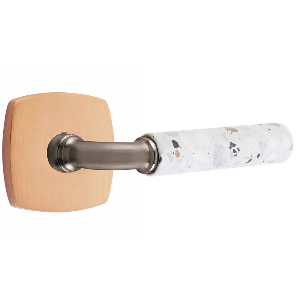 Emtek Privacy Urban Modern Rosette in Satin Rose Gold and R-Bar in Pewter Stem with Right Handed Light Terrazzo Lever