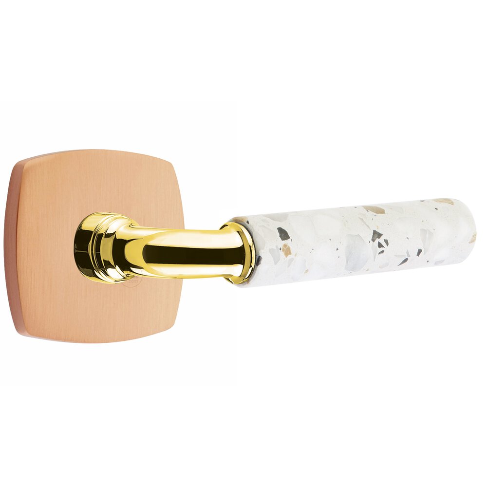 Emtek Concealed Privacy Urban Modern Rosette in Satin Rose Gold and R-Bar in Unlacquered Brass Stem with Reversible Handed Light Terrazzo Lever