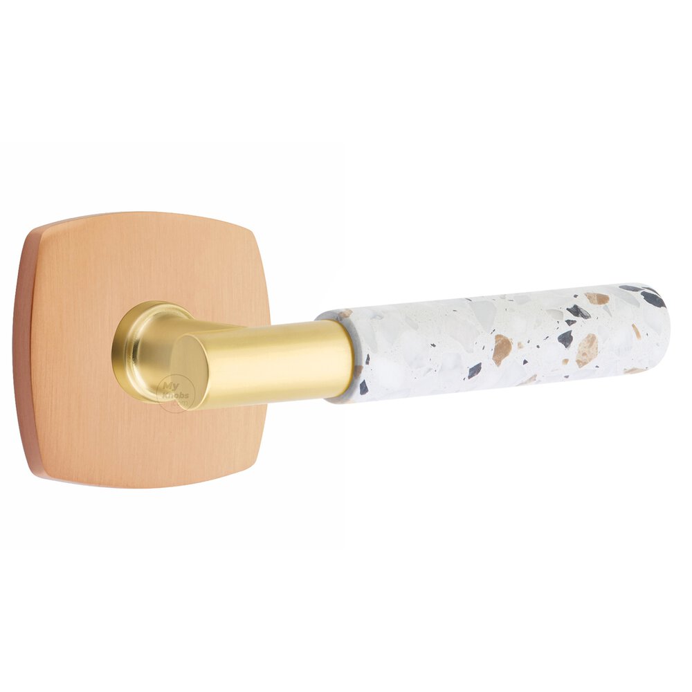 Emtek Privacy Urban Modern Rosette in Satin Rose Gold and T-Bar in Satin Brass Stem with Right Handed Light Terrazzo Lever