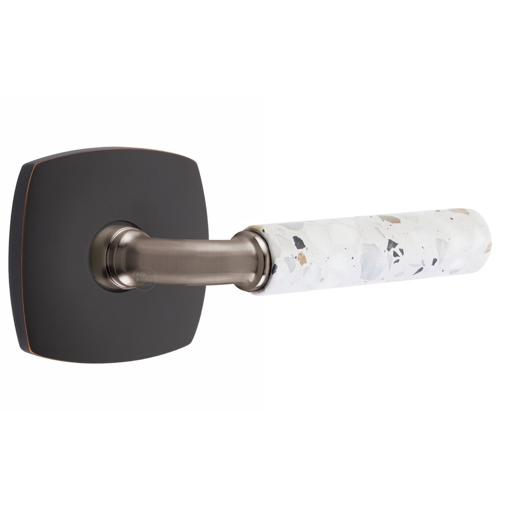 Emtek Concealed Privacy Urban Modern Rosette in Oil Rubbed Bronze and R-Bar in Pewter Stem with Reversible Handed Light Terrazzo Lever