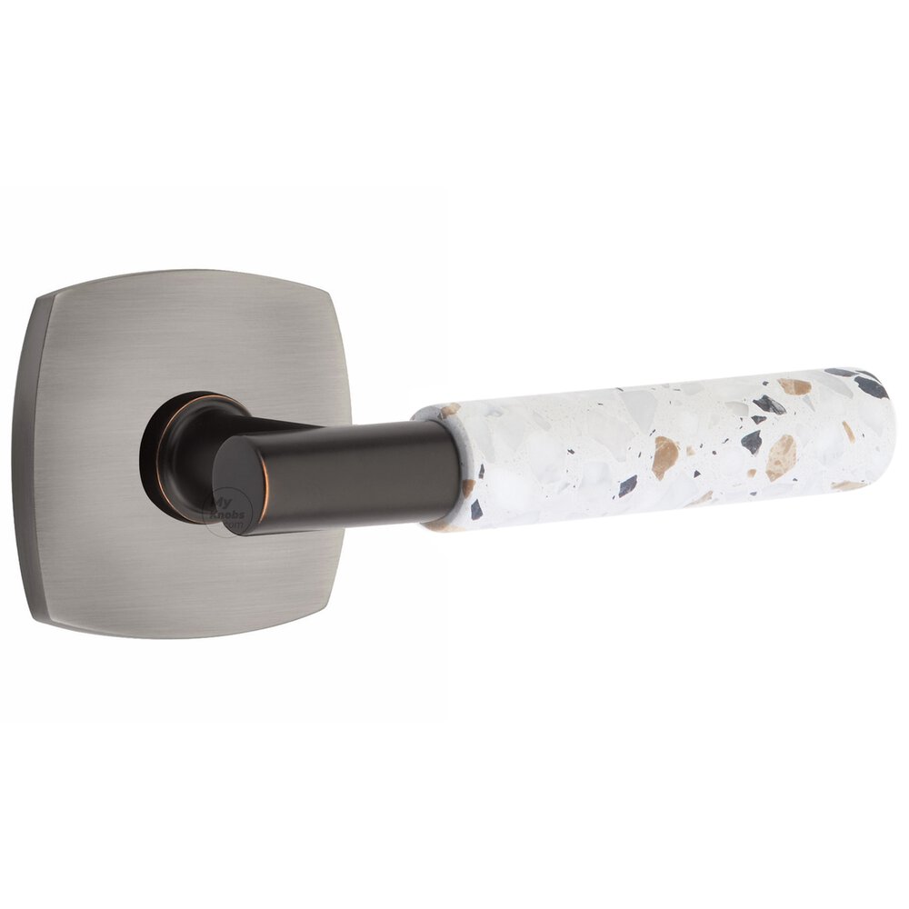 Emtek Concealed Privacy Urban Modern Rosette in Pewter and T-Bar in Oil Rubbed Bronze Stem with Reversible Handed Light Terrazzo Lever