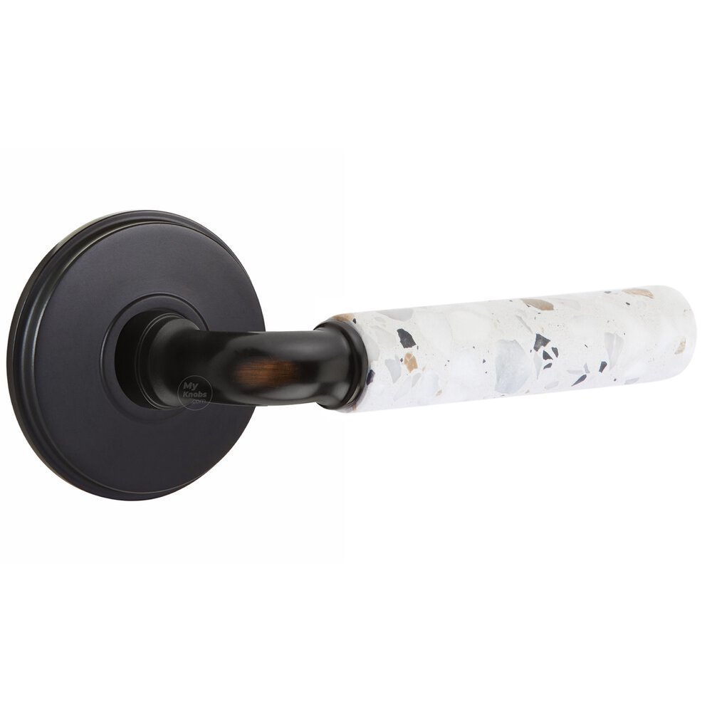 Emtek Concealed Privacy Watford Rosette in Flat Black and R-Bar in Oil Rubbed Bronze Stem with Reversible Handed Light Terrazzo Lever