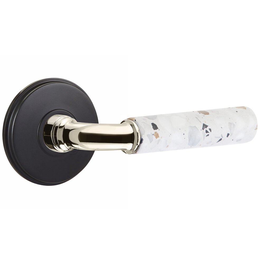 Emtek Concealed Privacy Watford Rosette in Flat Black and R-Bar in Polished Nickel Stem with Reversible Handed Light Terrazzo Lever