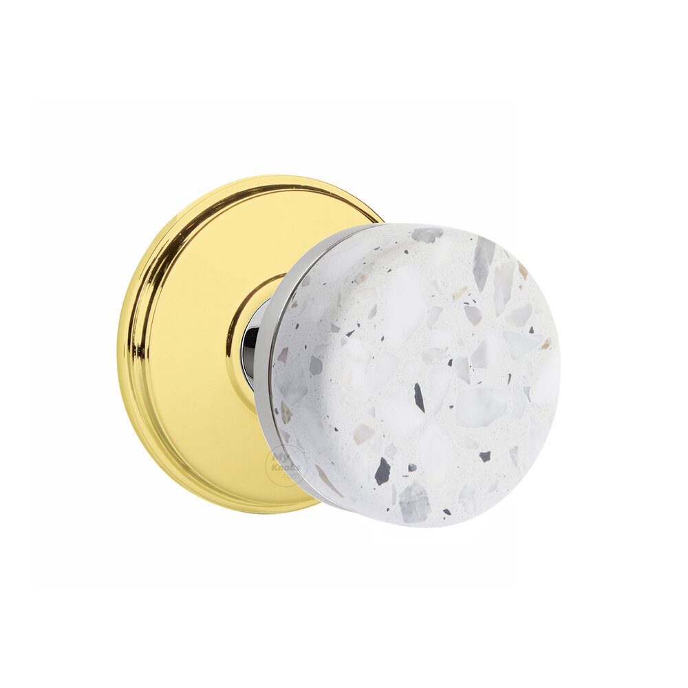 Emtek Privacy Watford Rosette in Unlacquered Brass and Conical Stem in Polished Chrome with Light Terrazzo Knob
