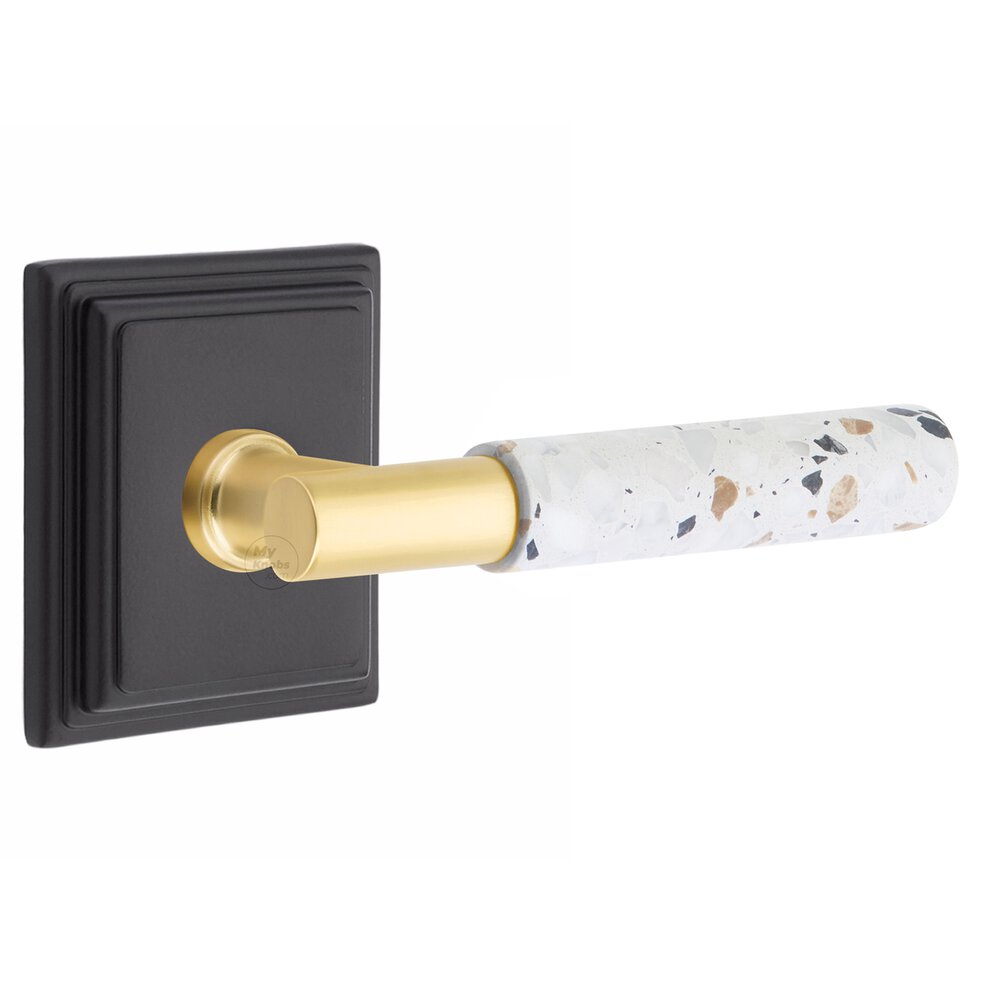 Emtek Concealed Privacy Wilshire Rosette in Flat Black and T-Bar in Satin Brass Stem with Reversible Handed Light Terrazzo Lever