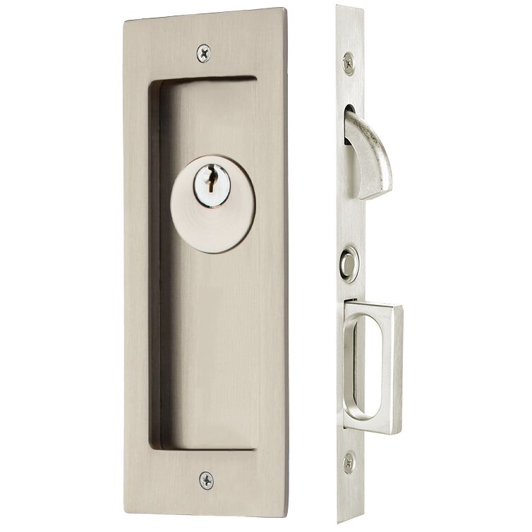 Emtek Modern Rectangular Keyed Pocket Door Mortise Lock in Satin Nickel
