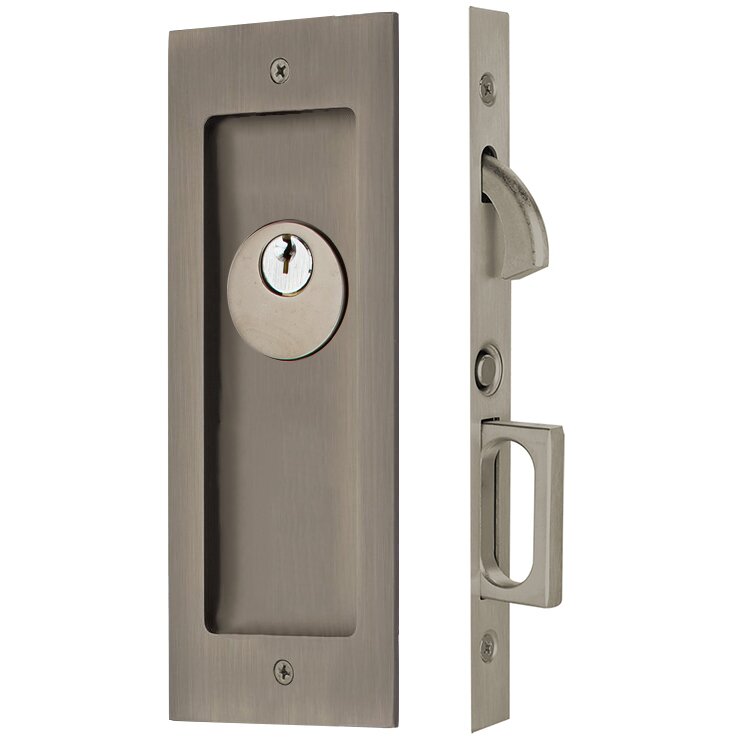 Emtek Modern Rectangular Keyed Pocket Door Mortise Lock in Pewter