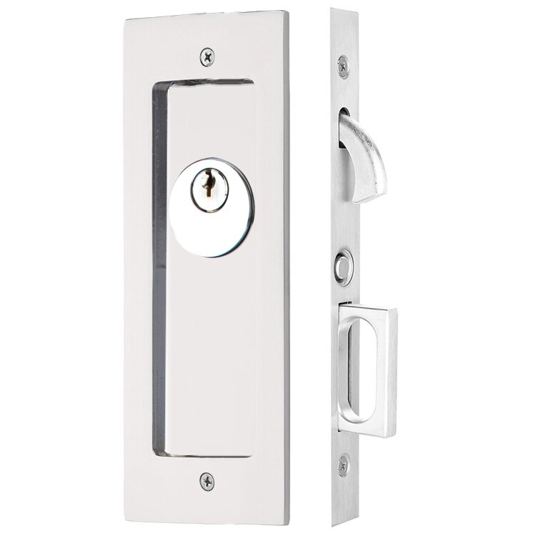 Emtek Modern Rectangular Keyed Pocket Door Mortise Lock in Polished Chrome