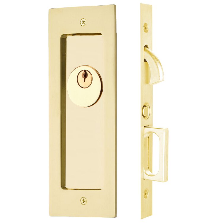 Emtek Modern Rectangular Keyed Pocket Door Mortise Lock in Polished Brass
