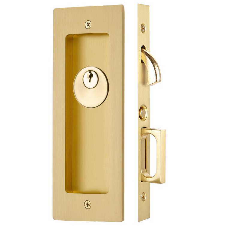 Emtek Modern Rectangular Keyed Pocket Door Mortise Lock in Satin Brass