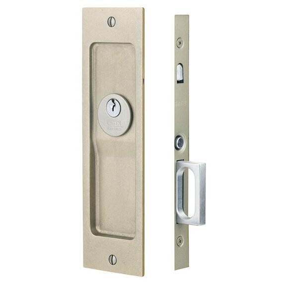 Emtek Sandcast Bronze Rustic Modern Rectangular Keyed Pocket Door Mortise Lock in Tumbled White Bronze