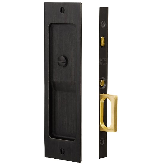 Emtek Sandcast Bronze Rustic Modern Rectangular Privacy Pocket Door Mortise Lock in Flat Black Bronze
