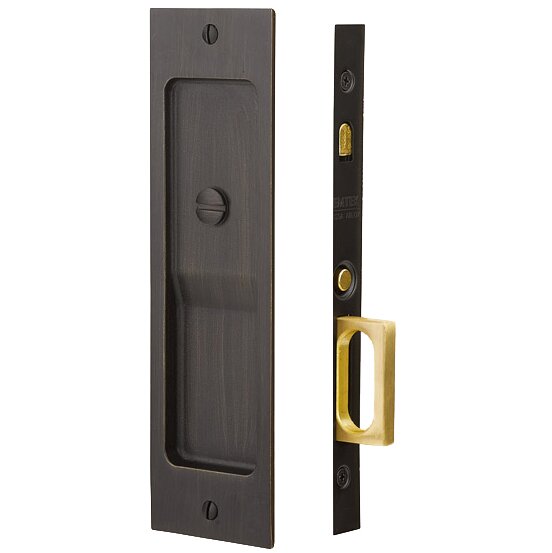 Emtek Sandcast Bronze Rustic Modern Rectangular Privacy Pocket Door Mortise Lock in Medium Bronze