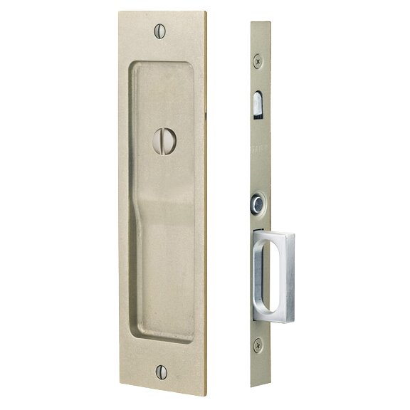 Emtek Sandcast Bronze Rustic Modern Rectangular Privacy Pocket Door Mortise Lock in Tumbled White Bronze