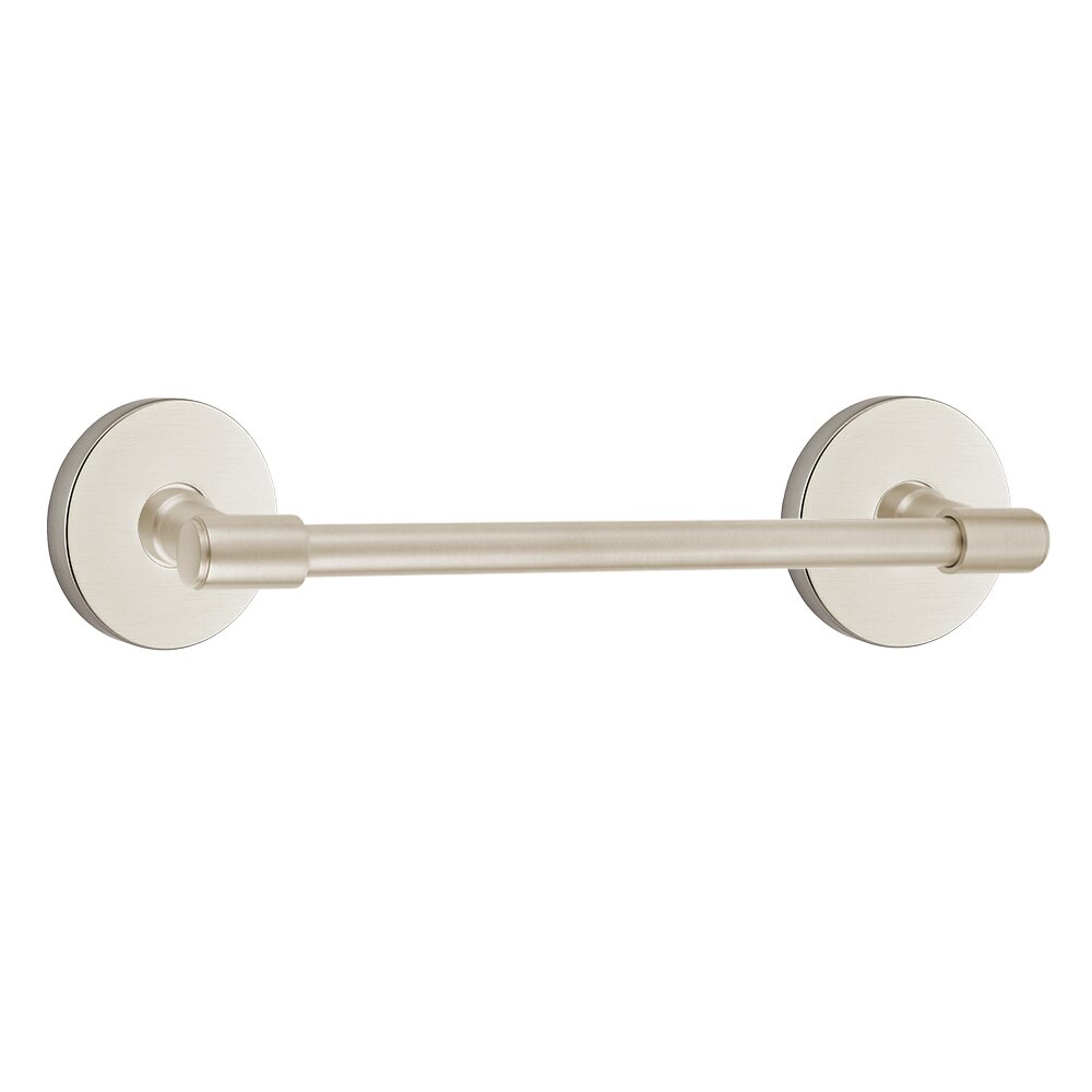 Emtek 12" Centers Transitional Brass Towel Bar with Small Disc Rosette in Satin Nickel