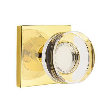 Emtek Modern Disc Glass Double Dummy Door Knob with Square Rose in Unlacquered Brass