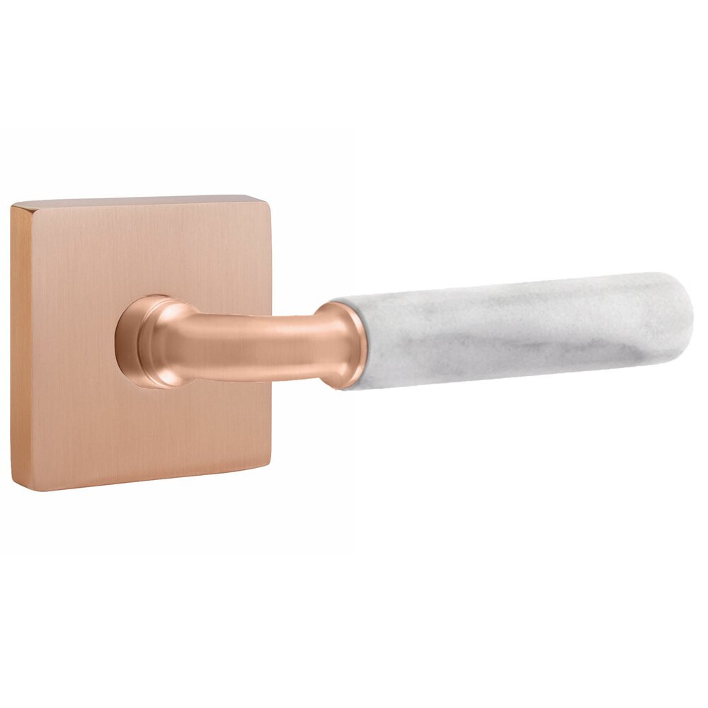 Emtek Double Dummy White Marble Lever with R-Bar Stem and Square Rose in Satin Rose Gold
