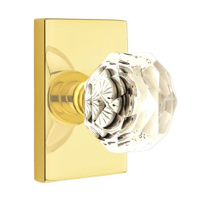 Emtek Single Dummy Diamond Door Knob with Modern Rectangular Rose in Unlacquered Brass