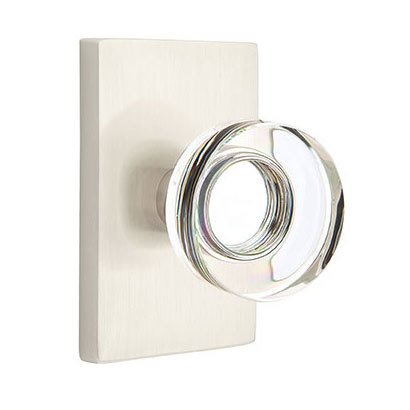 Emtek Modern Disc Glass Double Dummy Door Knob with Modern Rectangular Rose in Satin Nickel