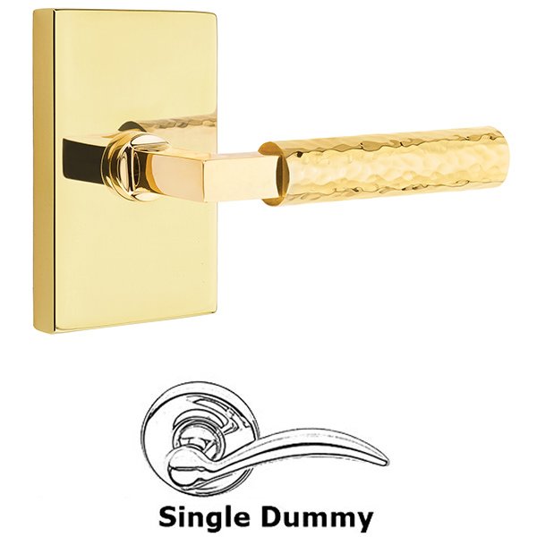 Emtek Single Dummy Hammered Lever with L-Square Stem and Modern Rectangular Rose in Unlacquered Brass