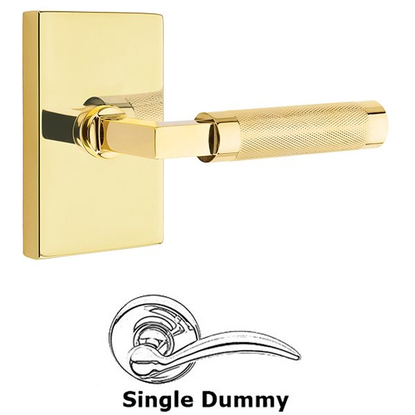 Emtek Single Dummy Knurled Lever with L-Square Stem and Modern Rectangular Rose in Unlacquered Brass