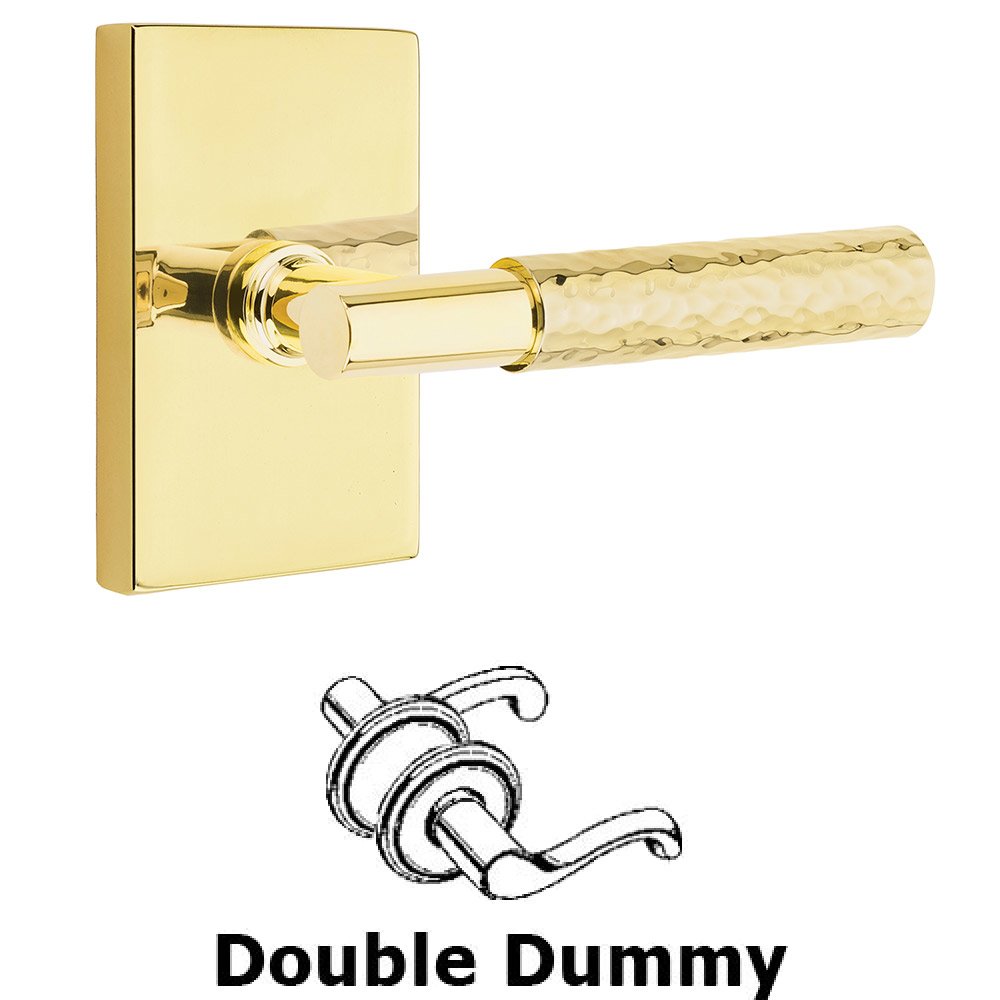 Emtek Double Dummy Hammered Lever with T-Bar Stem and Modern Rectangular Rose in Unlacquered Brass