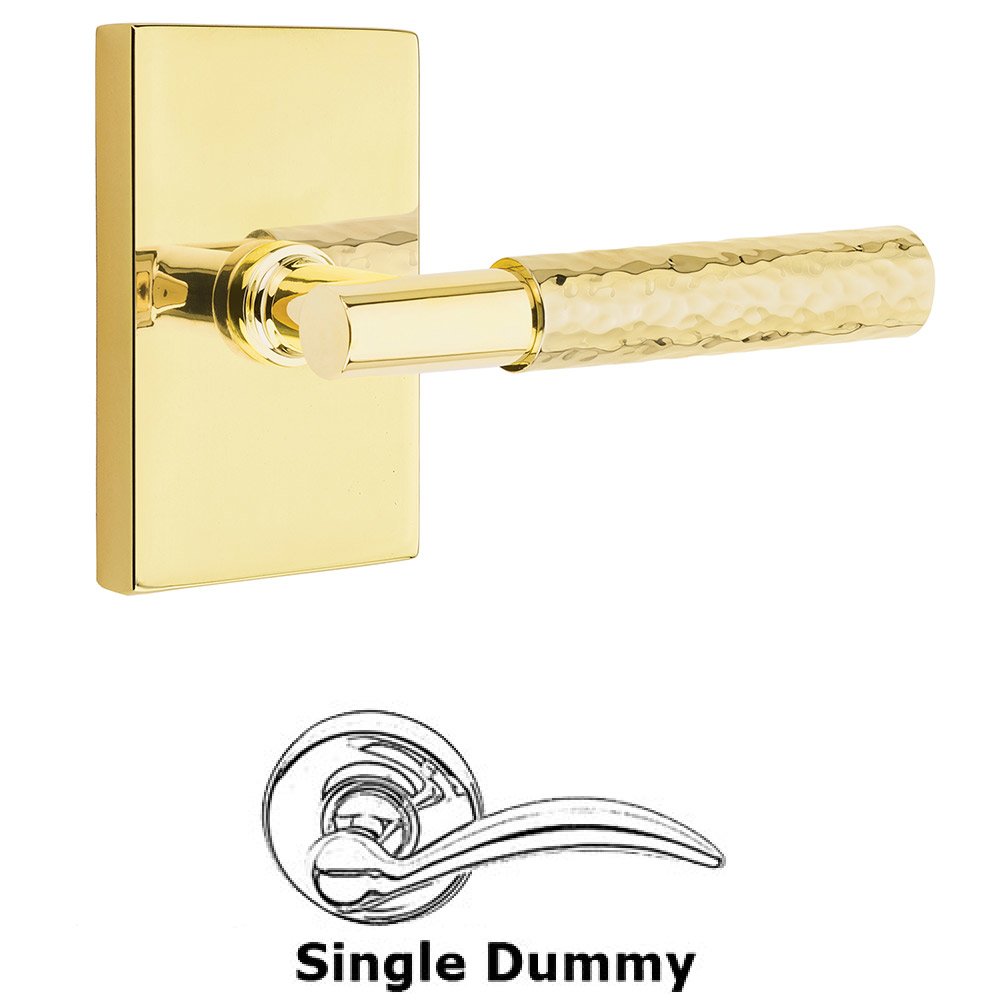 Emtek Single Dummy Hammered Lever with T-Bar Stem and Modern Rectangular Rose in Unlacquered Brass