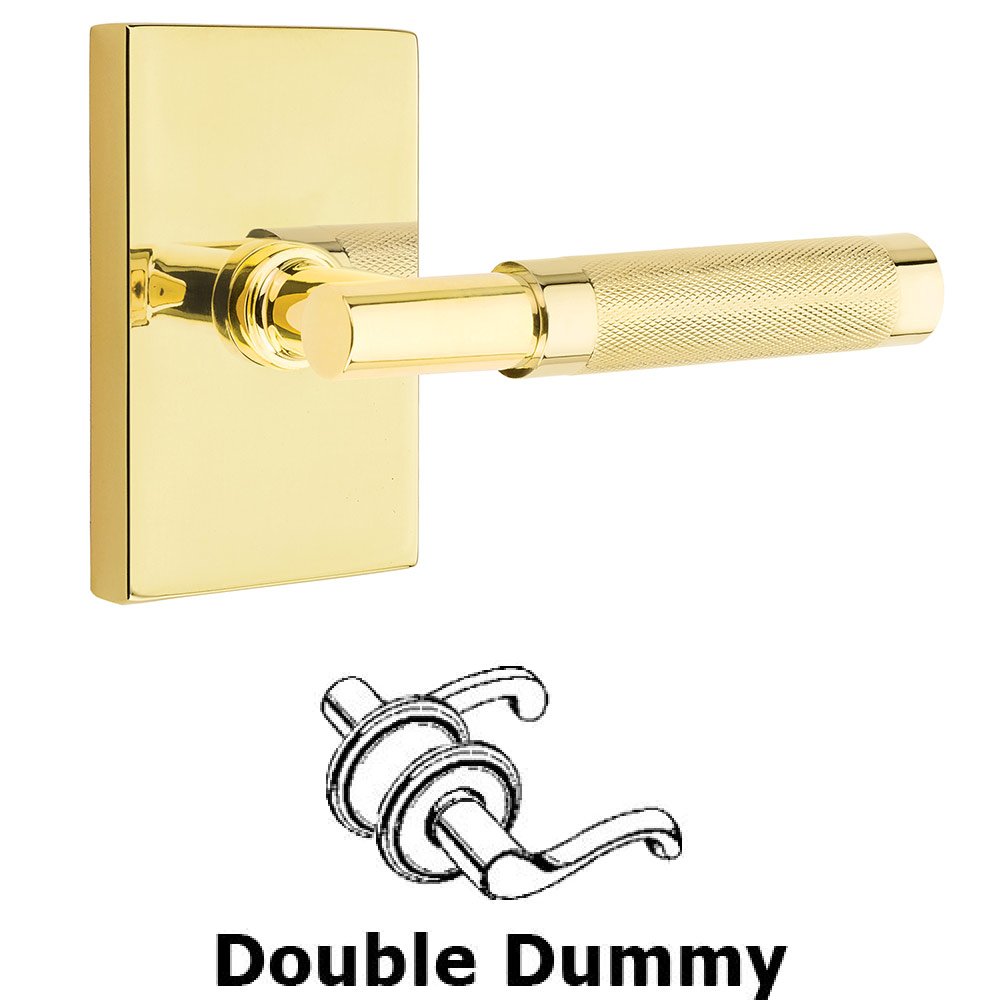 Emtek Double Dummy Knurled Lever with T-Bar Stem and Modern Rectangular Rose in Unlacquered Brass