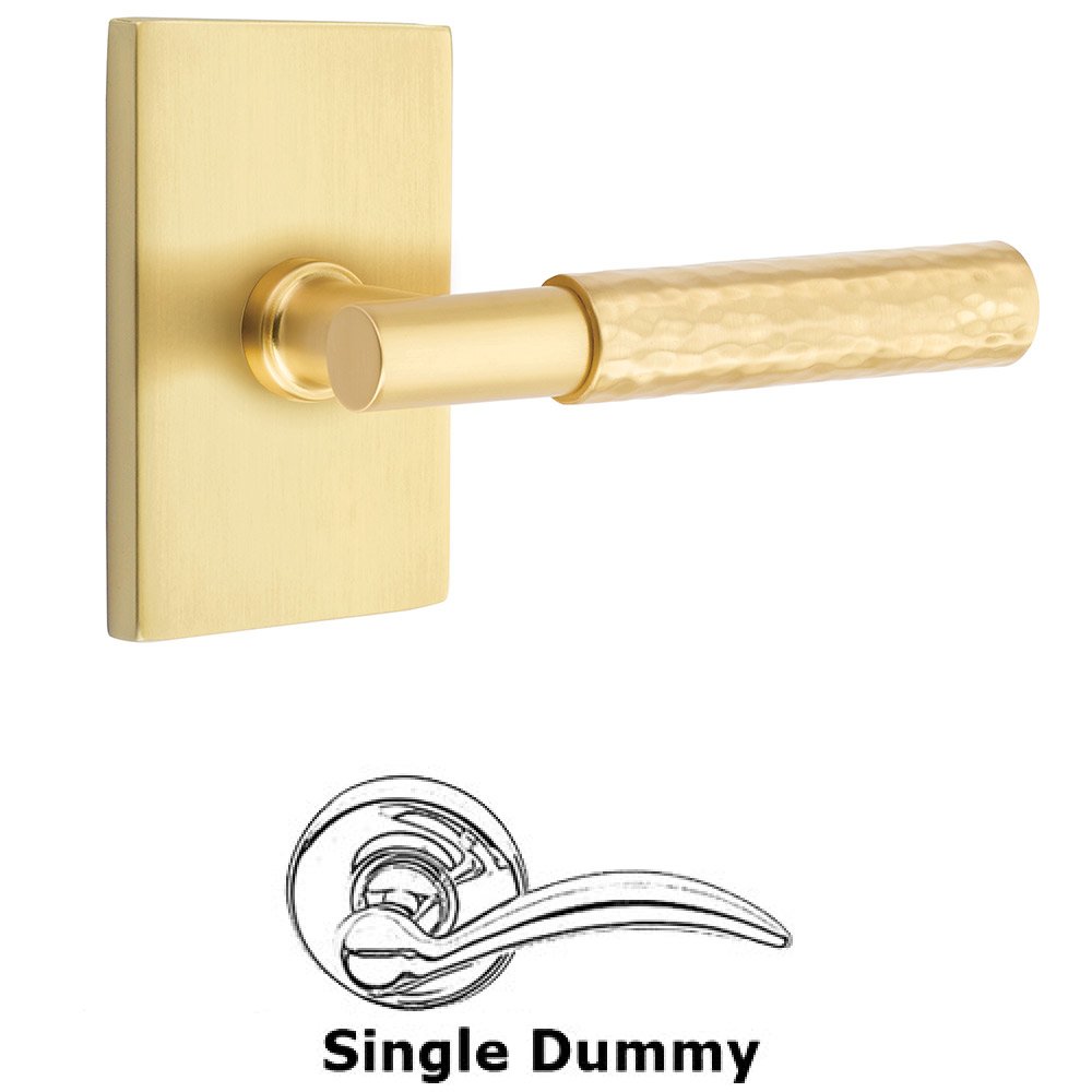 Emtek Single Dummy Hammered Lever with T-Bar Stem and Modern Rectangular Rose in Satin Brass