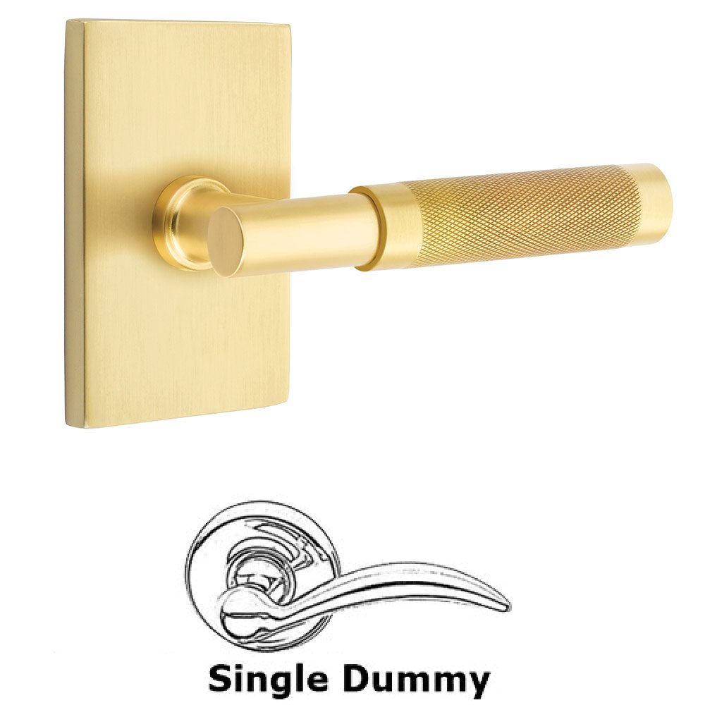 Emtek Single Dummy Knurled Lever with T-Bar Stem and Modern Rectangular Rose in Satin Brass
