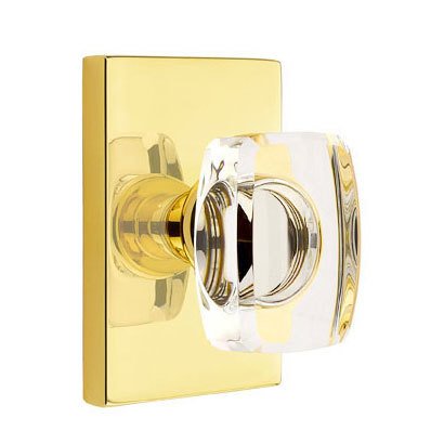 Emtek Windsor Double Dummy Door Knob with Modern Rectangular Rose in Unlacquered Brass