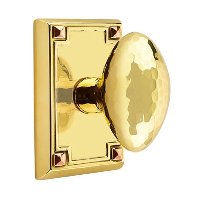 Emtek Double Dummy Hammered Egg Door Knob with Arts & Crafts Rectangular Rose in Unlacquered Brass