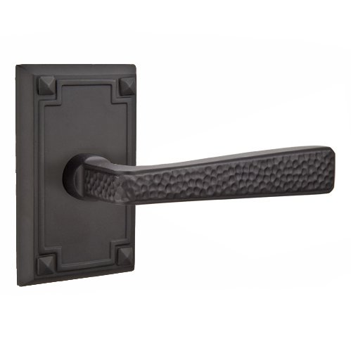 Emtek Right Handed Double Dummy Hammered Door Lever with Arts & Crafts Rectangular Rose in Flat Black