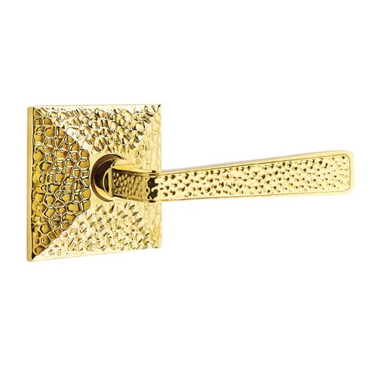 Emtek Right Handed Double Dummy Hammered Door Lever with Hammered Rose in Unlacquered Brass