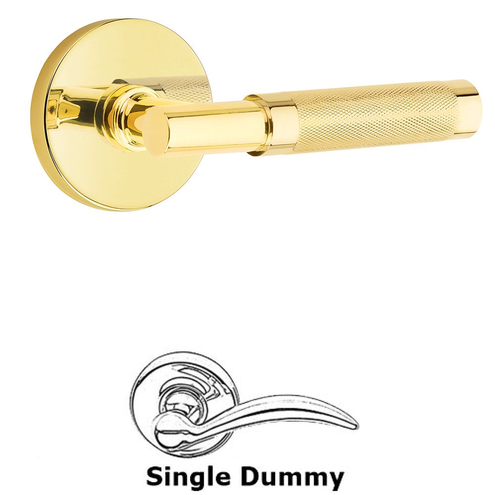 Emtek Single Dummy Knurled Lever with T-Bar Stem and Disc Rose in Unlacquered Brass